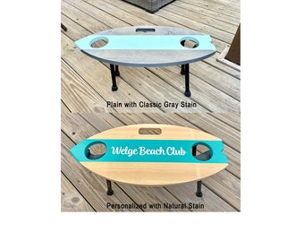 Portable Surfboard Beach Table ~ FREE Personalization ~ Wooden Handmade Folding Drink Holder ~ Customizable Beach Lover Gift