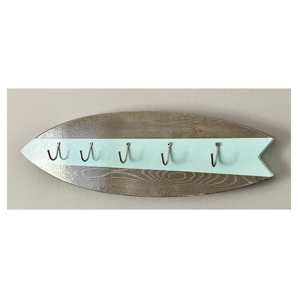 Surfboard Key Rack ~ Coastal Wall Hooks ~ Surf Key Holder ~ Beach House Coastal Decor ~ Custom Colors/Stains ~ Indoor/Outdoor