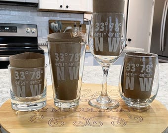 Juego de bar con grabados coordinados: vasos personalizados para whisky, vino y pinta