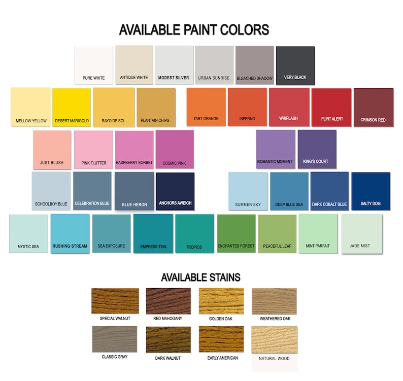 Puede incluir: Un gr&aacute;fico que muestra los colores de pintura y las manchas de madera disponibles para muebles. Los colores de pintura est&aacute;n organizados en filas e incluyen nombres como "Amarillo suave", "Rubor suave", "Azul escolar", "Mar m&iacute;stico" y "Tropical". Las manchas de madera est&aacute;n organizadas en dos filas e incluyen nombres como "Nogal especial", "Caoba roja", "Roble dorado", "Gris cl&aacute;sico" y "Nogal oscuro".