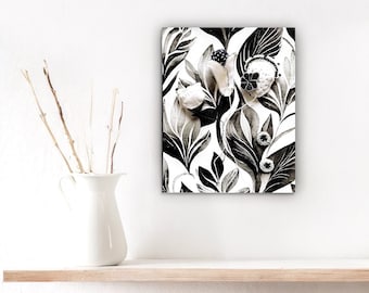 Black and white ink and watercolor painting, decorated with black and white linen embroidery.