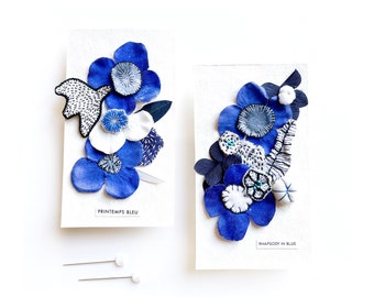 Flowery cards/paintings with application of several embroideries, fixed on very thick (450 g) and textured white paper.