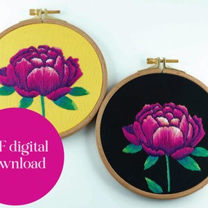 糸絵牡丹のカラフルな花柄手刺繍パターン – 初心者向けステップバイステップチュートリアル（すぐにダウンロードできるPDF）