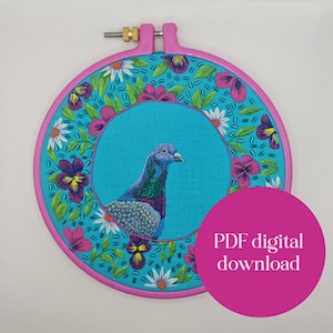 Pigeon Embroidery Pattern: Pansies & Beading Tutorial (PDF Download)