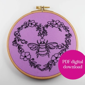 Bee Embroidery Pattern: Floral Heart Insect Design (PDF Digital Download)