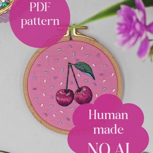 リアルなサクランボの手刺繍パターン – 初心者向け糸絵チュートリアル（PDFパターン）