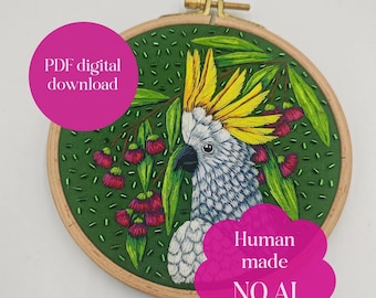 PDF hand embroidery tutorial, cockatoo pattern, parrot DIY art