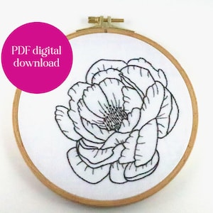 Patrón digital de bordado floral a mano fácil en PDF para principiantes: arte lineal de flores de peonía sencillas
