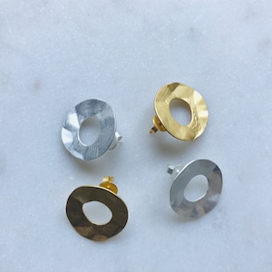 Matte Hammered Brass Stud Earrings: Gold or Silver Finish