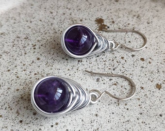 Amethyst wire wrapped earrings, Sterling silver ear hook, Deep purple stone earrings, Short herringbone women earrings, Dainty jewelry gift