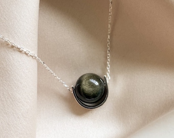 Obsidian necklace, Sterling silver black stone fidget necklace for women, Golden sheen obsidian modern necklace, Handmade one stone necklace