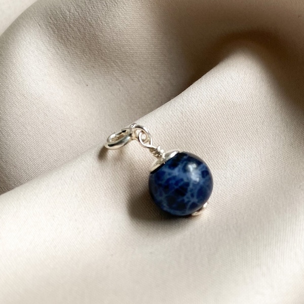 Sodalite sterling silver clip on gemstone charm, Handmade small beaded detachable pendant for earrings, 10mm Navy blue stone Add a charm