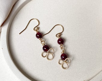 Red garnet earrings, 14K gold filled earrings, Floral wire wrapped earrings, Long golden earrings, Aesthetic earrings, Jewelry gift for Mom