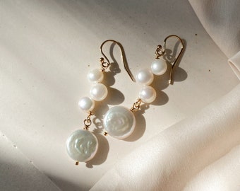 14K gold filled bridal earrings, Baroque pearl earrings, Golden hanging earrings, Cool earrings, Handmade jewelry gift for her