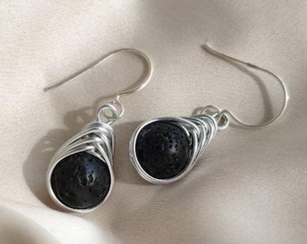 Lava wire wrapped earrings, Essential oils diffuser earrings, Teardrop boho earrings, Pretty herringbone earrings, Black gem cool earrings