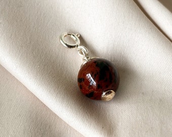 Mahogany obsidian sterling silver clip on charm, Handmade small ball gem pendant, Red stone charm, Add a charm, Sphere gem charm for earring