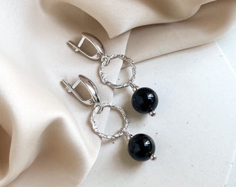 Black tourmaline earrings, Modern textured circle gemstone earrings, Delicate short silver earrings, Empath protection everyday earrings