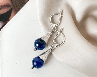 Delicate kyanite earrings, Sterling silver hanging earrings, Cobalt blue gem earrings, Textured cone prom earrings, Classic women earrings