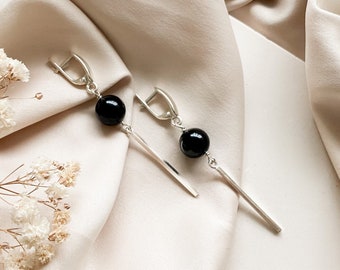 Black tourmaline earrings Sterling silver earrings, Long bar earrings, Modern witchy protection earrings, Handmade jewelry gift for her