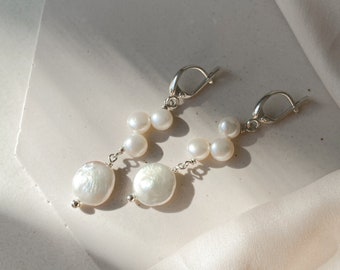 Pearl bridal earrings, Baroque pearl earrings, Silver wedding earrings, Long hanging earrings, Elegant cool earrings, Jewelry gift for her