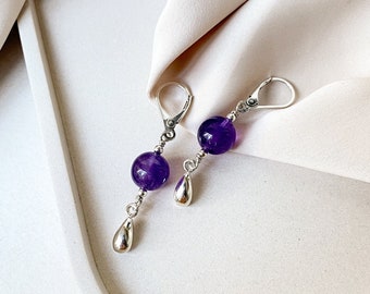Amethyst sterling silver earrings, Purple gem silver earrings with drops, Handmade cool earrings, Delicate women earrings