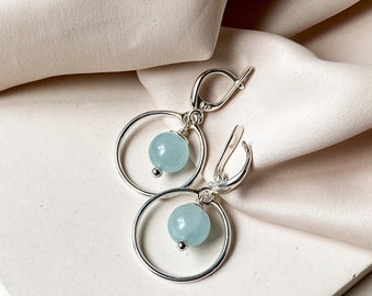 Aquamarine silver earrings, Short hanging hoop earrings, Light blue gemstone earrings, Modern women сircle earrings, Jewelry gift for Mom