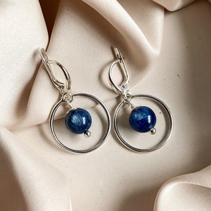 Blue kyanite earrings, Elegant short sterling silver earrings, Navy blue gemstone hanging earrings, Modern women circle hoop cool earrings image 1