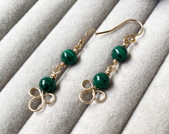Malachite earrings, 14K gold filled earrings, Short wire wrapped earrings, Rosary golden earrings, Floral aesthetic earrings, Gift for Mom