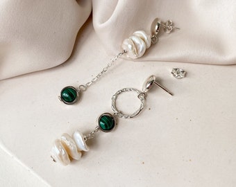 Asymmetrical malachite earrings, Mismatched sterling silver stud earrings, Exclusive barogue pearl earrings, Aesthetic handmade jewelry gift