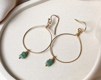14K gold filled emerald earrings, Green gem hoop earrings, Golden textured circle hanging earrings, Cool earrings, Jewelry gift for Mom