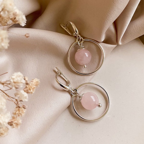 Rose quartz earrings, Sterling silver latch back earrings, Pink gemstone pretty earrings, Modern women hanging earrings, Cool earrings