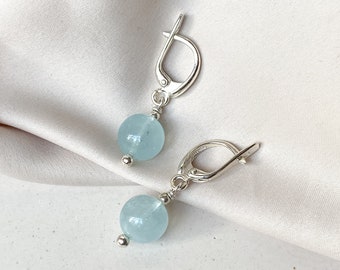 Sterling silver aquamarine earrings, Short delicate blue stone earrings, Pretty cool earrings, Handmade jewelry gift for girlfriend