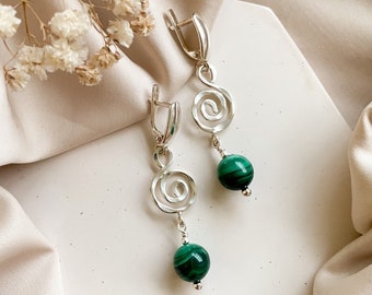Green malachite earrings, Handmade sterling silver swirl earrings, Modern spiral women earrings, Sacred geometry earrings, May birthstone