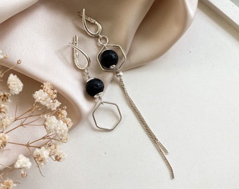 Asymmetrical lava earrings, Long geometric sterling silver earrings, Black stone earrings, Aesthetic mismatched earrings, Gift for Mom
