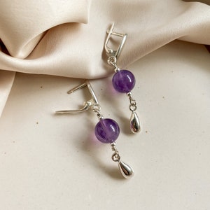 Amethyst sterling silver earrings, Purple gem silver earrings with drops, Handmade cool earrings, Delicate women hanging earrings image 1