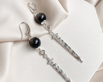 Sword earrings, Silver obsidian earrings, Sterling silver gothic dagger earrings, Long pagan witchy earrings, Tribal runic earrings