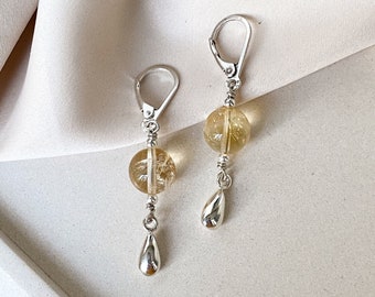 Citrine sterling silver earrings, Handmade short modern earrings with silver drops, Yellow gemstone earrings, Aesthetic women jewelry gift