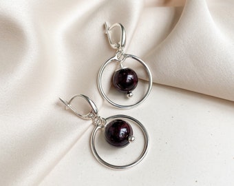 Garnet earrings Sterling silver jewelry, Burgundy gemstone earrings, Modern short earrings, Circle hoop earrings, Handmade jewelry gift