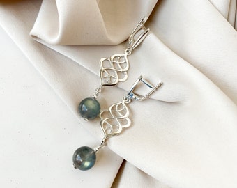 Long labradorite earrings, Elegant sterling silver hanging earrings, Gray stone Celtic earrings, Delicate filigree cool earrings