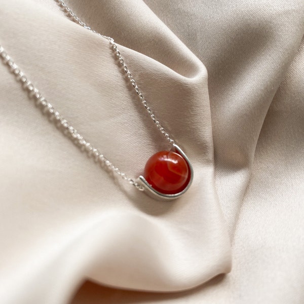 Sardonyx sterling silver necklace - Red stone fidget necklace for women, Delicate one stone necklace, Aesthetic minimalistic jewelry gift