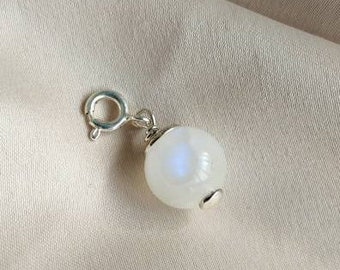 10mm moonstone sterling silver charm, Handmade small beaded pendant, White stone clip on charm, Add a charm, Dainty jewelry womens gift