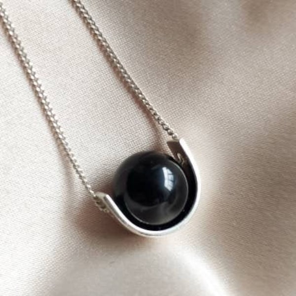 Black tourmaline sterling silver necklace, Sherl stone fidget necklace for women, Handmade gem empath protection necklace