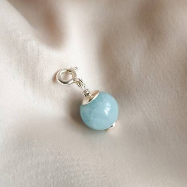 Aquamarine sterling silver charm, Handmade small beaded pendant, Blue stone clip on charm, Add a charm, Dainty jewelry gift for girl