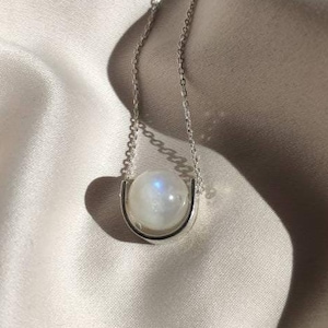 Moonstone necklace - Sterling silver one stone fidget necklace, White sheen gemstone chain necklace, Elegant simple jewelry gift for women