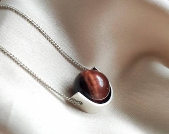 Red Tigers eye sterling silver necklace, Modern fidget necklace for women, Aesthetic everyday necklace, Protection necklace gift for her