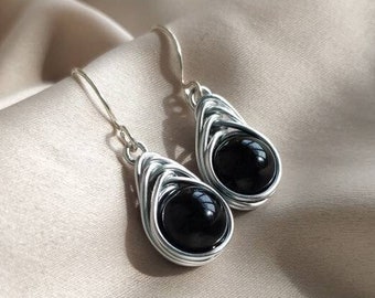 Black tourmaline earrings, Wire wrapped earrings with silver hook, Dark academia boho earrings, Herringbone witchy black stone earrings