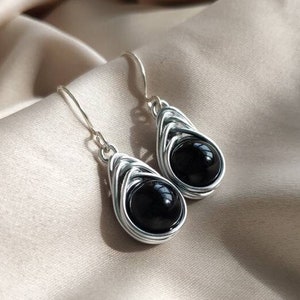Black tourmaline earrings, Wire wrapped earrings with silver hook, Dark academia boho earrings, Herringbone witchy black stone earrings