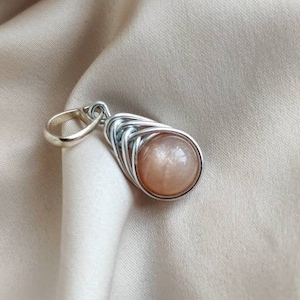 Peach moonstone wire wrapped pendant, Small stone charm with sterling silver bail, Wiccan fairy necklace, Herringbone pendant gift for her