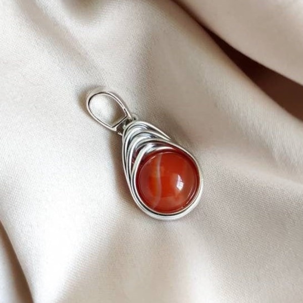 Sardonyx wire wrapped pendant with sterling silver bail, Herringbone Red stone charm, Teardrop gem pendant, Fae Fairy elven pendant