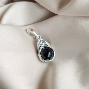 Black tourmaline wire wrapped pendant with sterling silver bail, Witchy esoteric protection pendant, Sherl sphere stone charm